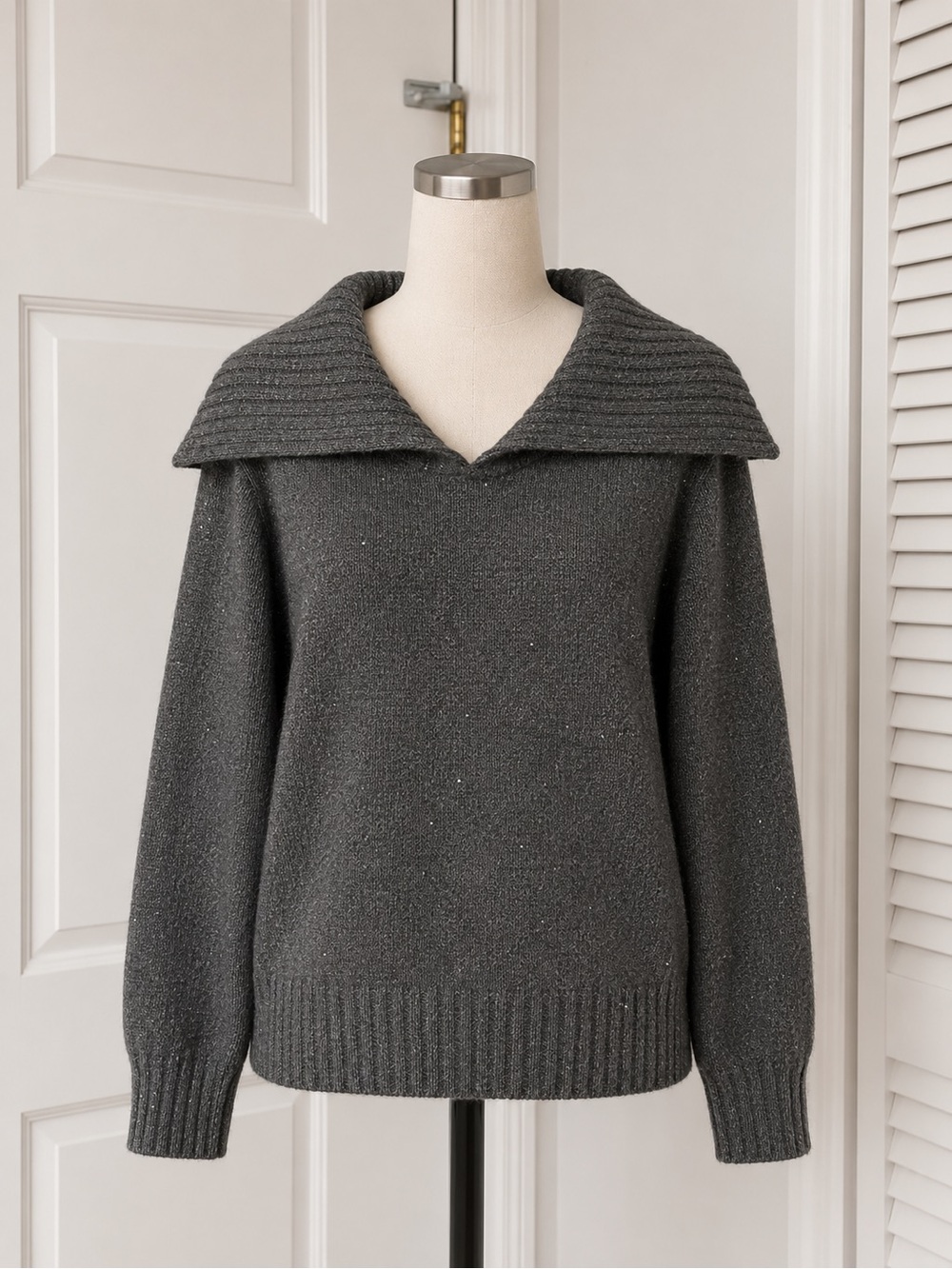 Joseph Dark Gray Off-the-Shoulder Fold Collar Sweater